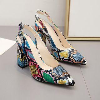 Snake Print Slingback Block Heel Sandals
