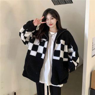 Color Block Checkered Zip-up Fleece Jacket Black - One Size