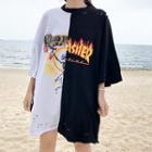 Printed 3/4-sleeve Ripped Long T-shirt