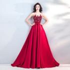 Sleeveless Floral Embroidered A-line Evening Gown