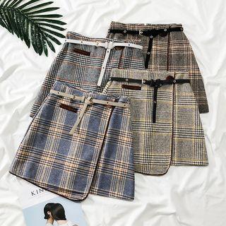 Asymmetric Plaid A-line Skirt With Belt