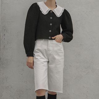 Frilled-collar Cropped Tweed Blouse Black - One Size