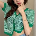 Ruffled Cropped Knit Cardigan Green - One Size