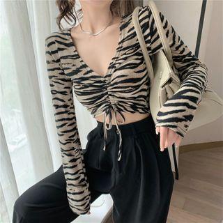 Long-sleeve Zebra Print Drawstring T-shirt Zebra - One Size