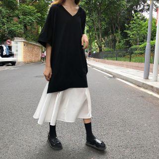 Elbow-sleeve V-neck Two-tone Midi Shift Dress