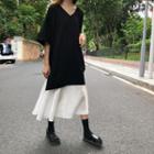 Elbow-sleeve V-neck Two-tone Midi Shift Dress