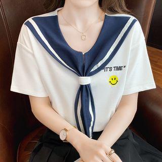 Elbow-sleeve Collar Embroidered Striped T-shirt
