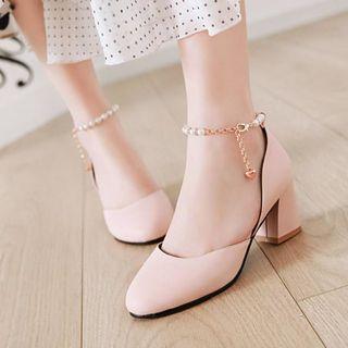 Faux Leather Pearl Chain Strap Block Heel Pumps