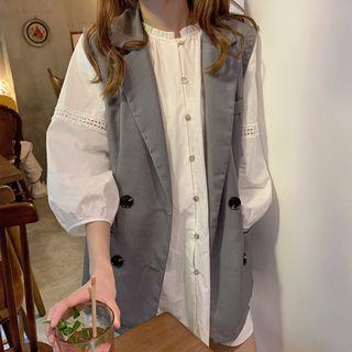 Lace Trim 3/4-sleeve Shirt Dress White - One Size