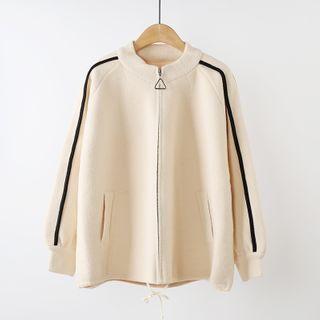 Contrast Trim Knit Zip Jacket Beige - One Size