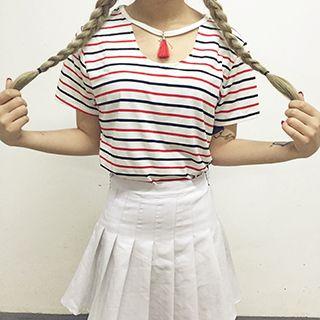 Striped Short Sleeve T-shirt With Tassel