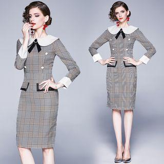 3/4-sleeve Collared Plaid Midi Sheath Dress