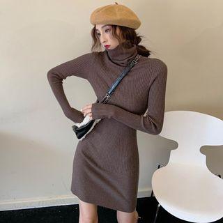 Long-sleeve Turtle-neck Mini Sheath Knit Dress