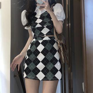 Puff-sleeve Argyle Crop Top / Mini Pencil Skirt