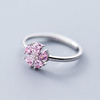 925 Sterling Silver Rhinestone Flower Open Ring S925 Silver - Purple Bead - Silver - One Size