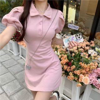 Puff-sleeve Collar Letter Embroidered Mini Sheath Dress