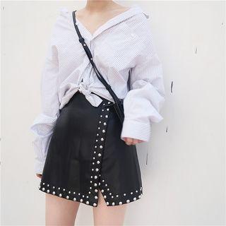 Studded A-line Faux Leather Skirt