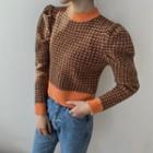 Puff-sleeve Patterned Cropped Knit Top