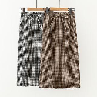 Bow-tie Plaid Midi Skirt