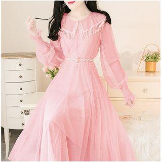 Fringed Long-sleeve Layered Midi Mesh Dress