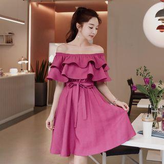 Off-shoulder Ruffle Trim Plain Mini A-line Dress