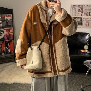 Faux Shearling Patch Zipped Coat