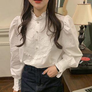 Stand Collar Eyelet Lace Blouse White - One Size