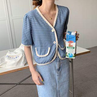 Short Sleeve Plaid Button-up Blouse