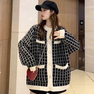 Buttoned Contrast Trim Checked Cardigan