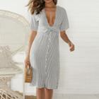 Short Sleeve V-neck Striped Tie-waist Midi Dress