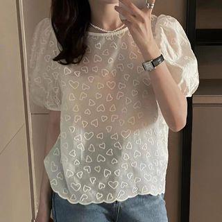 Short-sleeve Heart Pattern Blouse Off-white - One Size