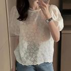 Short-sleeve Heart Pattern Blouse Off-white - One Size