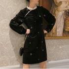 Embroidered Long-sleeve Mini A-line Velvet Dress