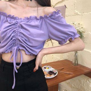 Short-sleeve Drawstring Blouse / Mini A-line Denim Skirt