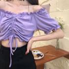 Short-sleeve Drawstring Blouse / Mini A-line Denim Skirt