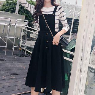 Striped Knit Top / Denim Midi Pinafore Dress