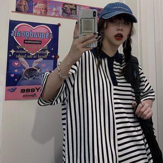 Striped Panel Short-sleeve Polo Shirt Stripe - One Size