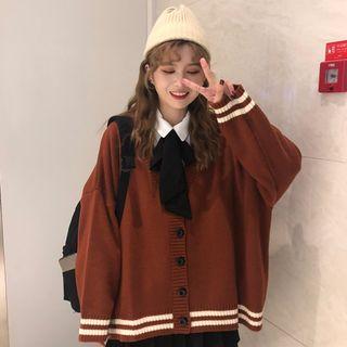V-neck Cardigan / Long-sleeve Blouse With Bow Tie