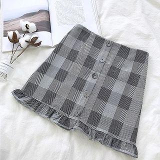 Plaid Single-breasted Ruffled-trim High-waist A-line Skirt