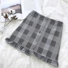 Plaid Single-breasted Ruffled-trim High-waist A-line Skirt