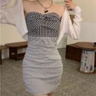 Plaid Panel Mini Bodycon Dress / Plain Cardigan