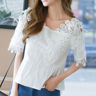 Off-shoulder Lace Short-sleeve Chiffon Top