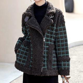 Plaid Panel Faux Shearling Zip Jacket