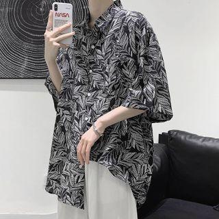 Leaf Print Elbow-sleeve Oversize Shirt