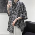 Leaf Print Elbow-sleeve Oversize Shirt