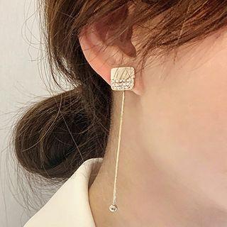 925 Sterling Silver Rhinestone Fringed Square Stud Earring 1 Pair - One Size