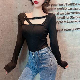 Long-sleeve Buckled Square-neck Top Black - One Size