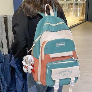 Color Block Buckled Zip Nylon Backpack / Bag Charm / Set