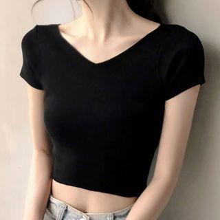 V-neck Plain Short-sleeve Crop Top