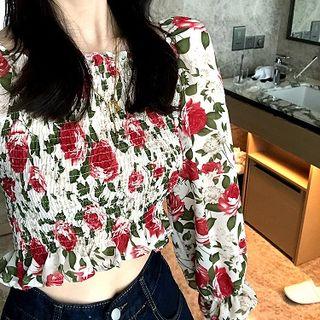 Floral Frilled Off-shoulder Long-sleeve Chiffon Blouse As Shown In Figure - One Size